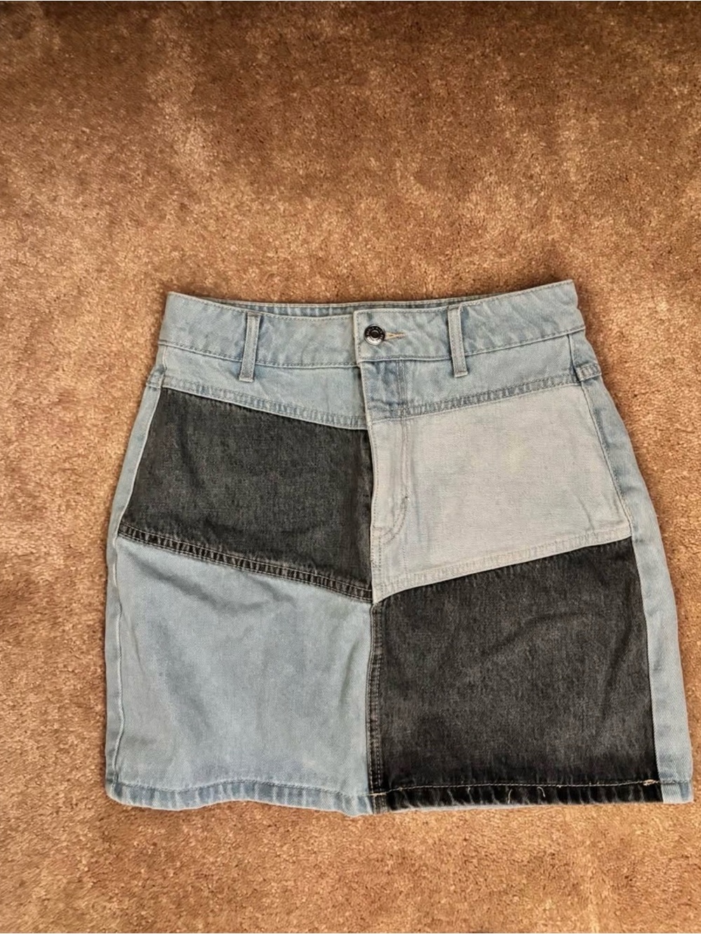 Patchwork Two-Tone Denim Mini Skirt - Light & Dark Blue